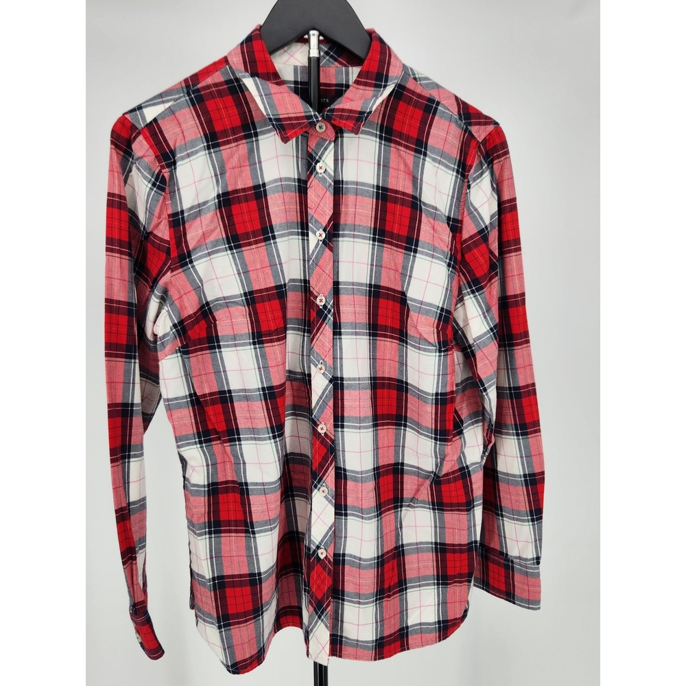 Talbots Red Plaid Metallic Button Down Shirt Womens Large Long Sleeve Cotton